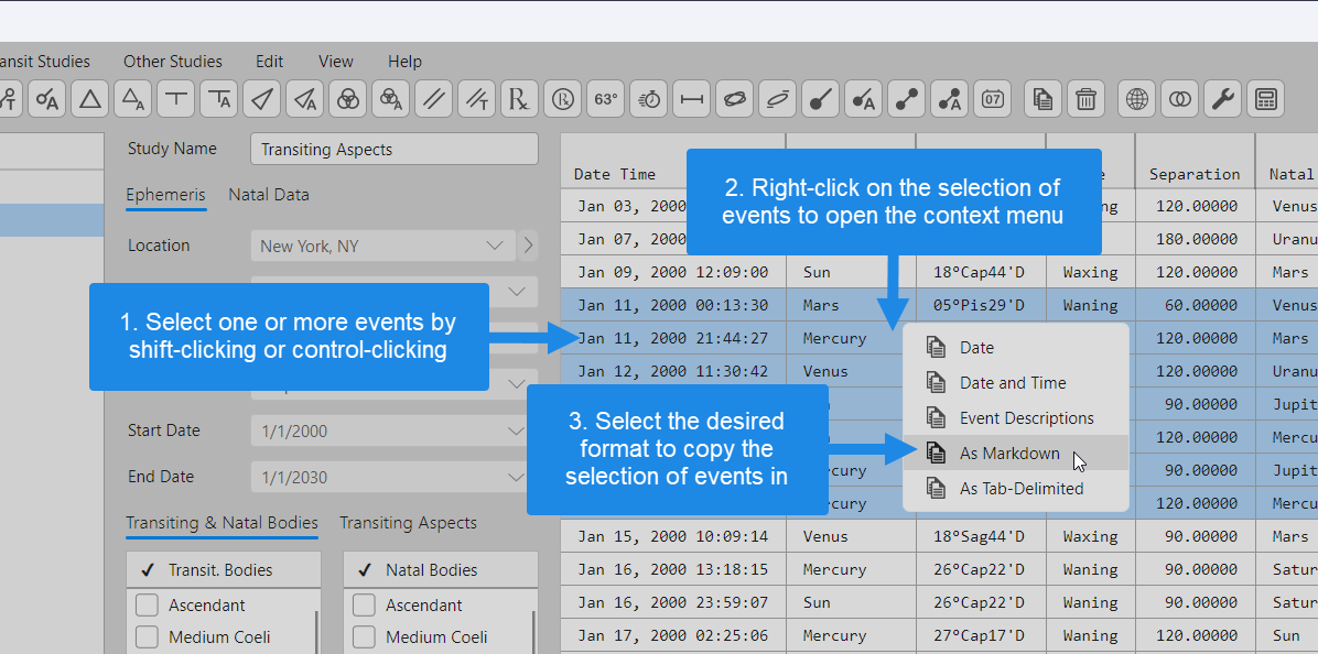 Copying a selection of events