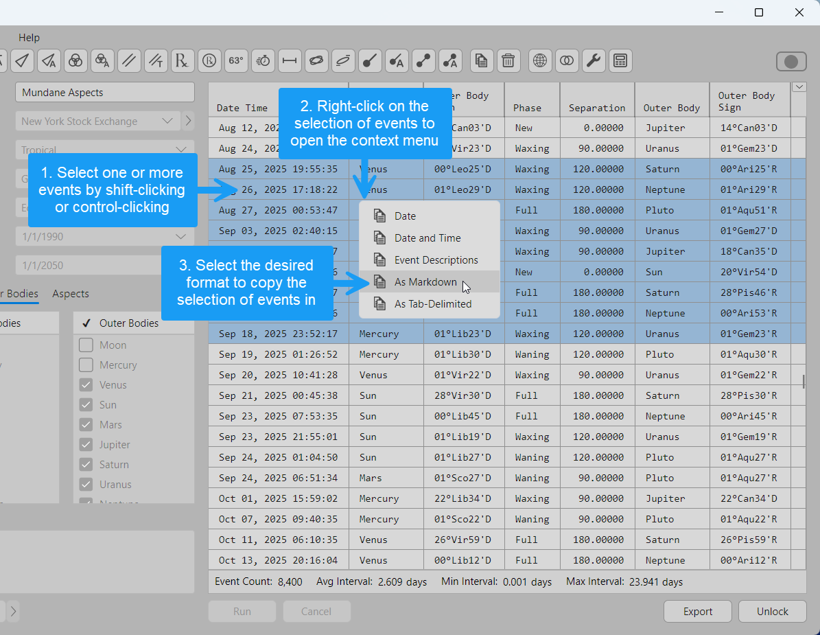 Copying a selection of events