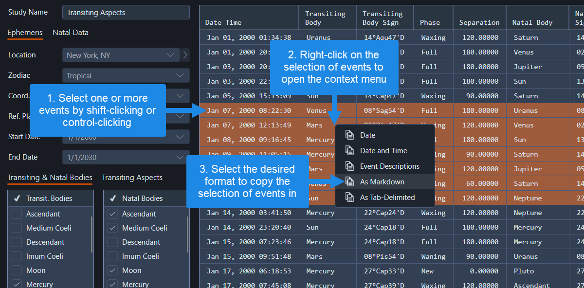 Copying a selection of events