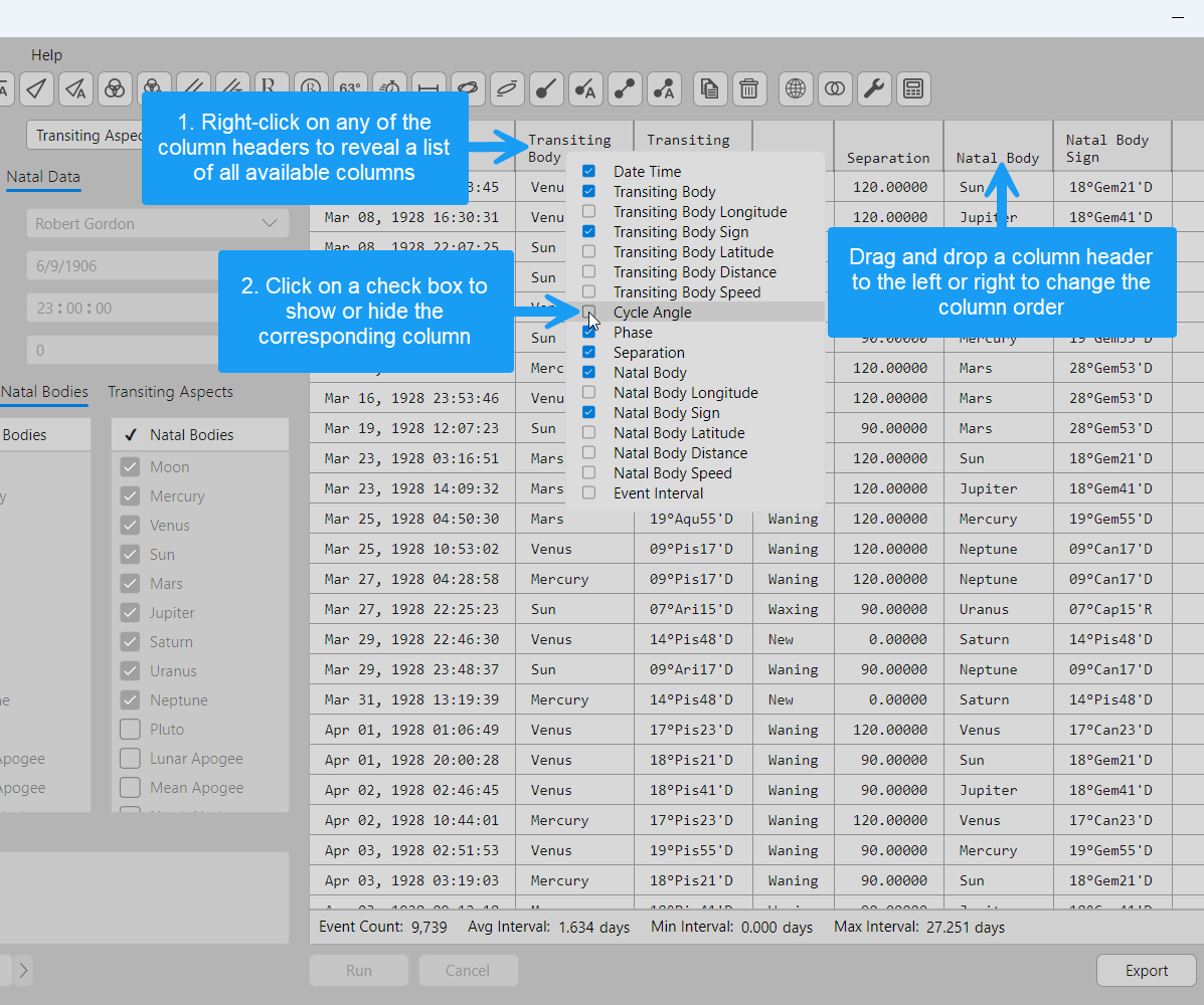 Customizing the events table