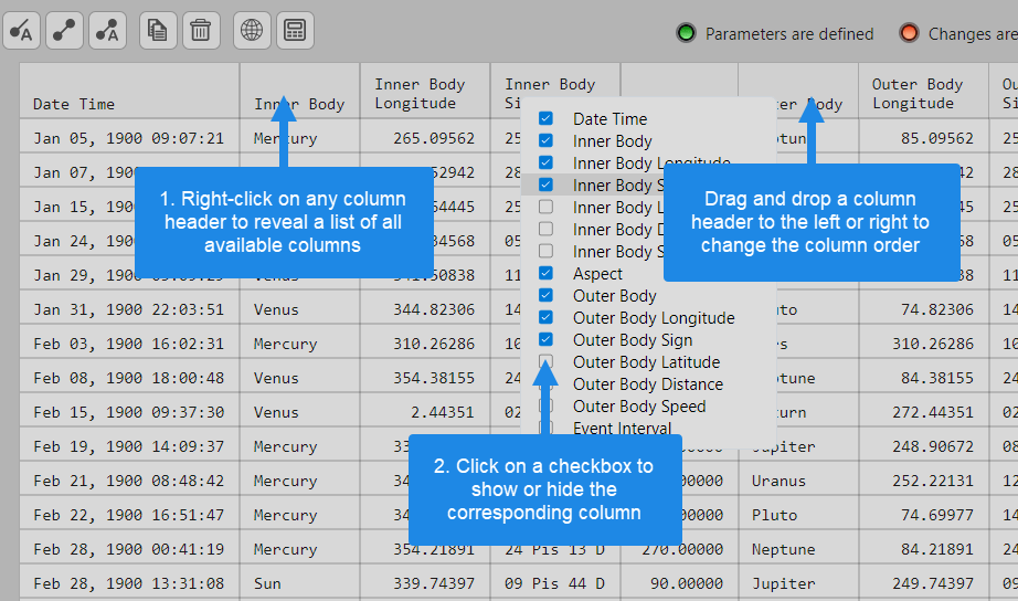 Customizing the events table