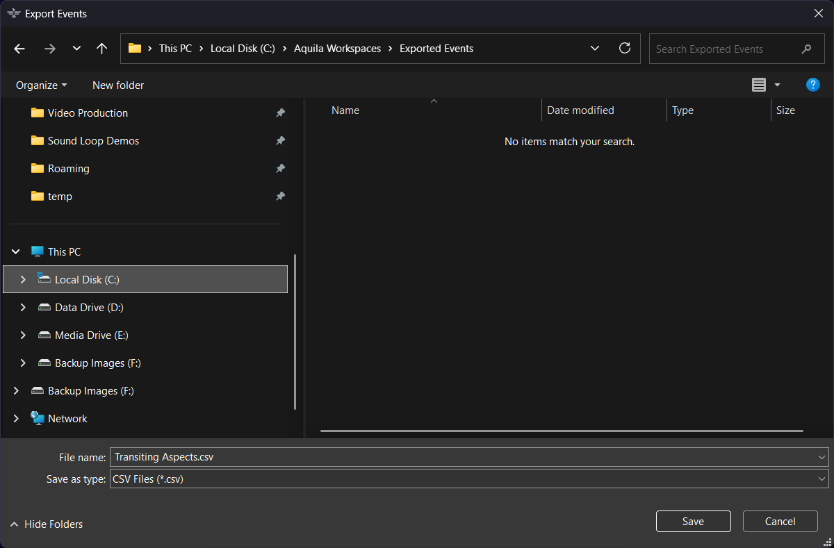 Exporting events to CSV file