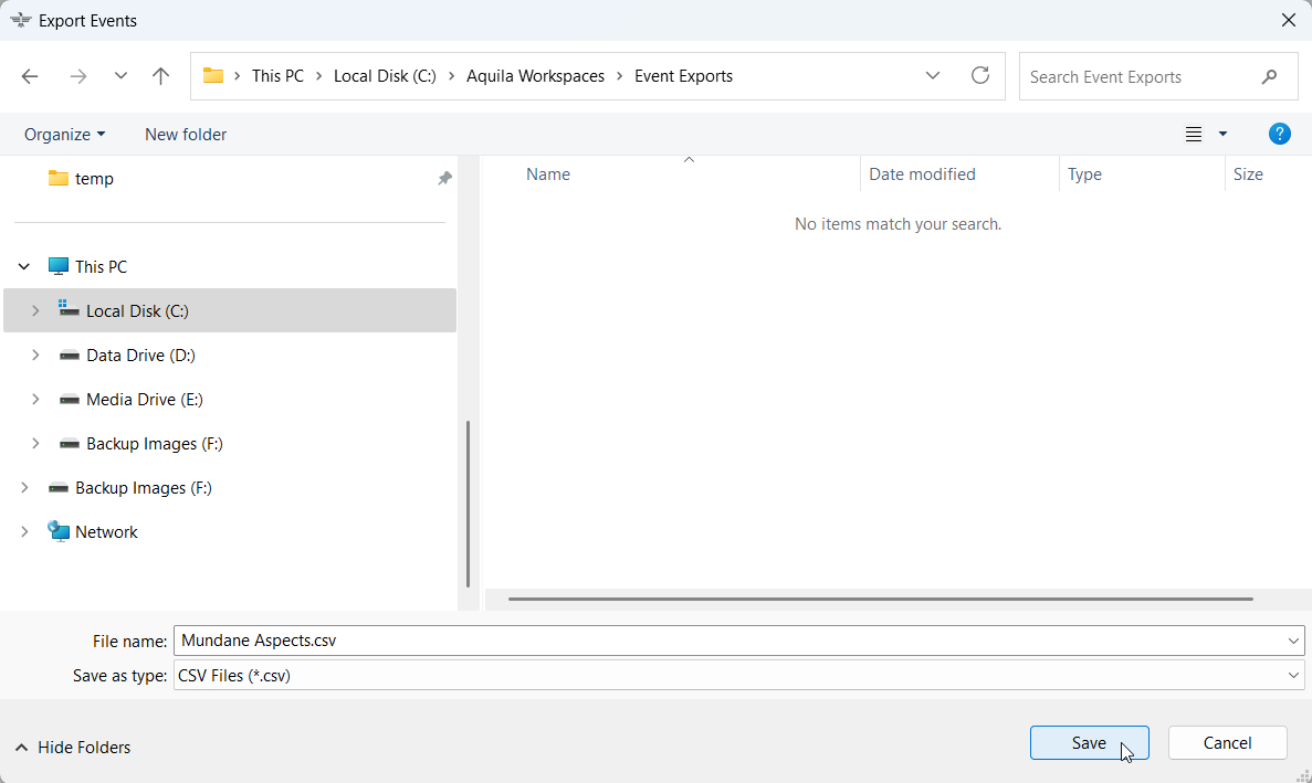 Exporting events to CSV file