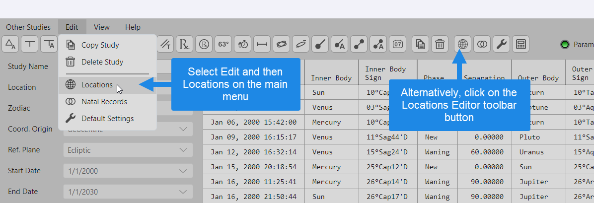 Opening the Aquila locations editor