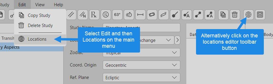 Opening the Aquila locations editor