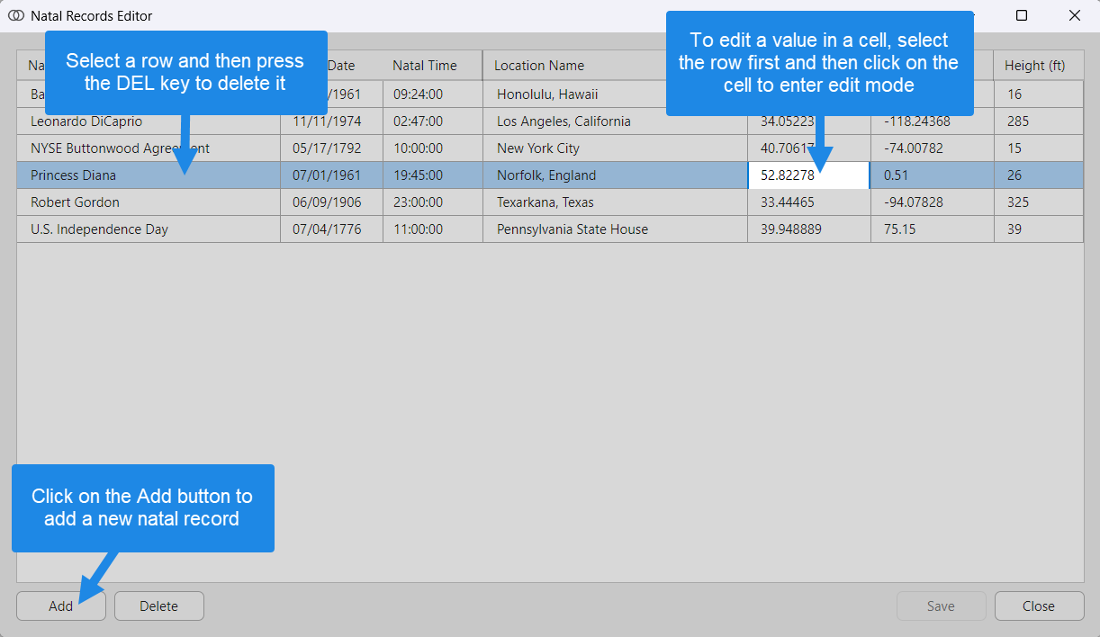 Adding and editing natal records