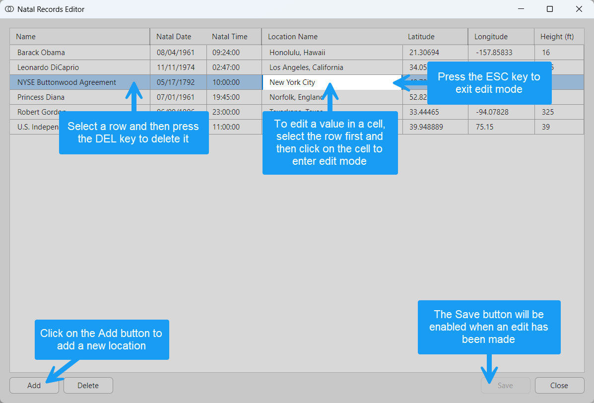 Adding and editing natal records
