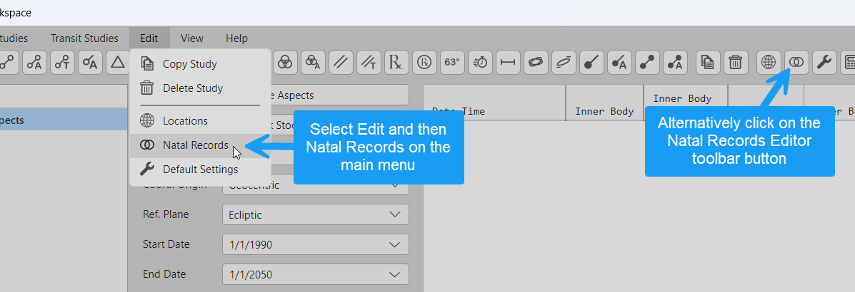 Opening the Aquila natal records editor