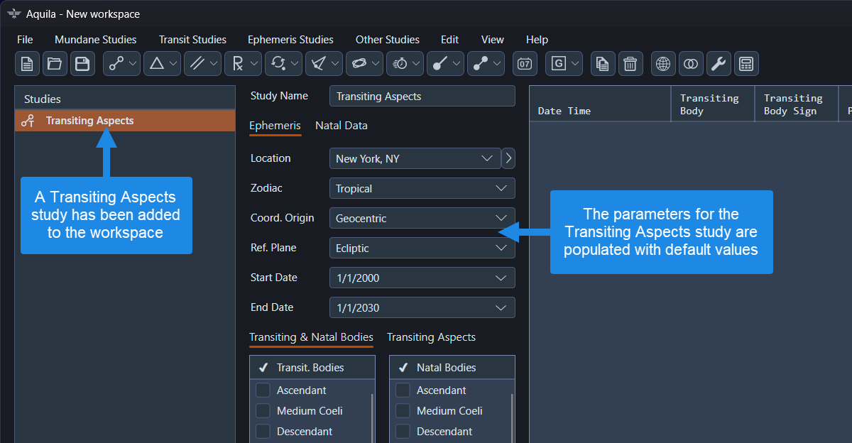 New Transiting Aspects study