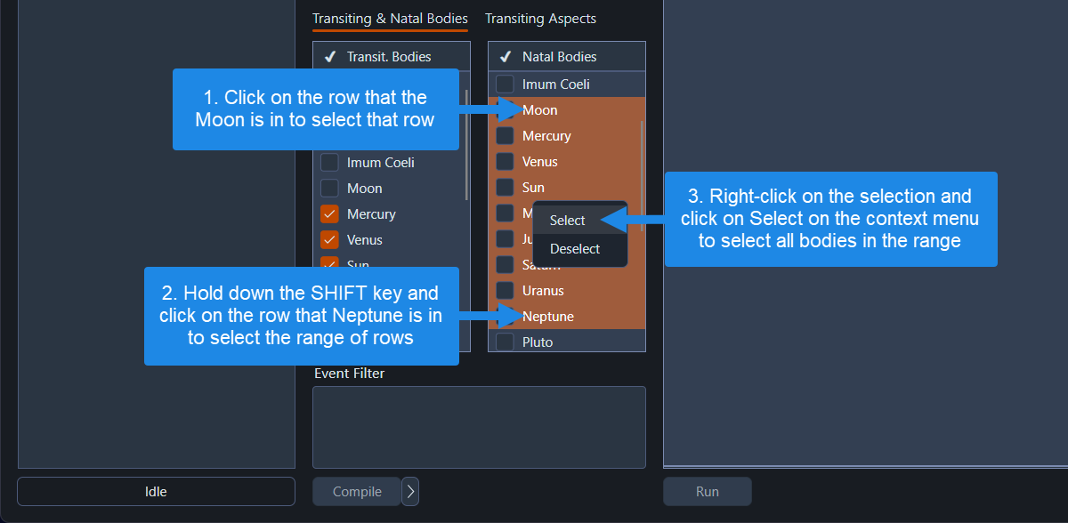 Body selections for the Transiting Aspects study