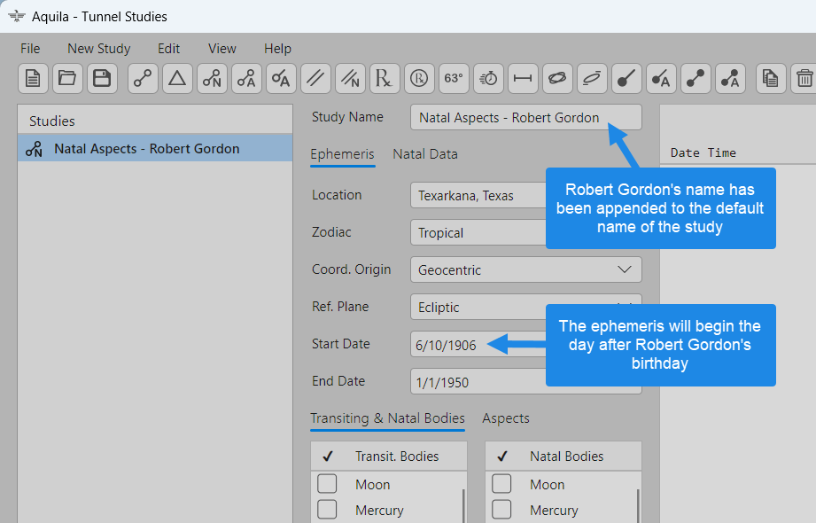 The study parameter values for the ephemeris