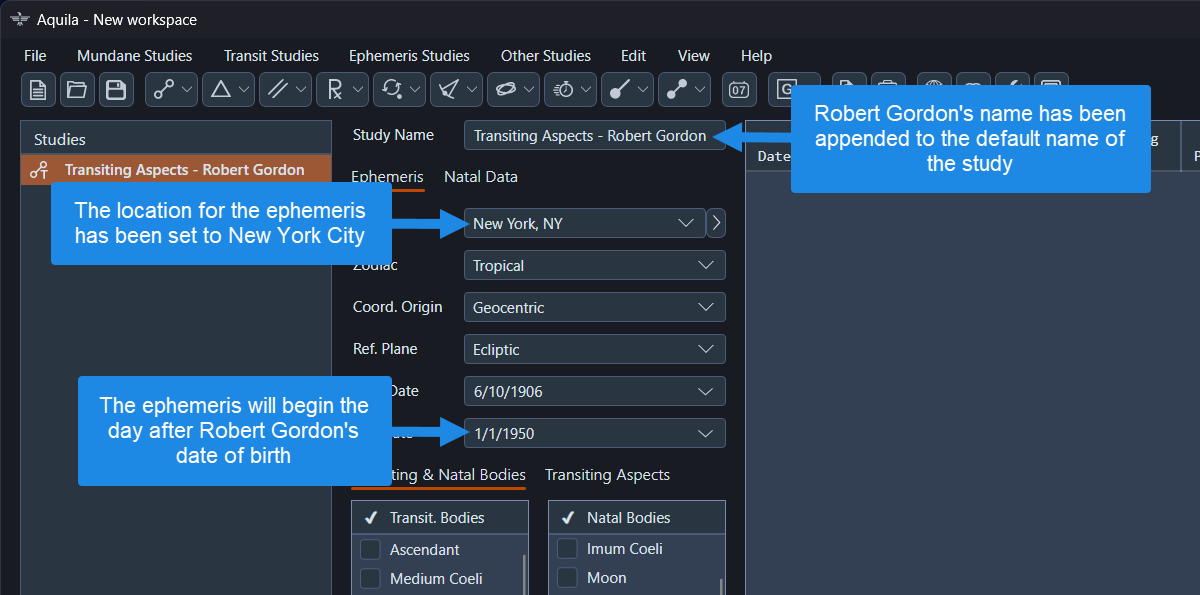 The study parameter values for the ephemeris
