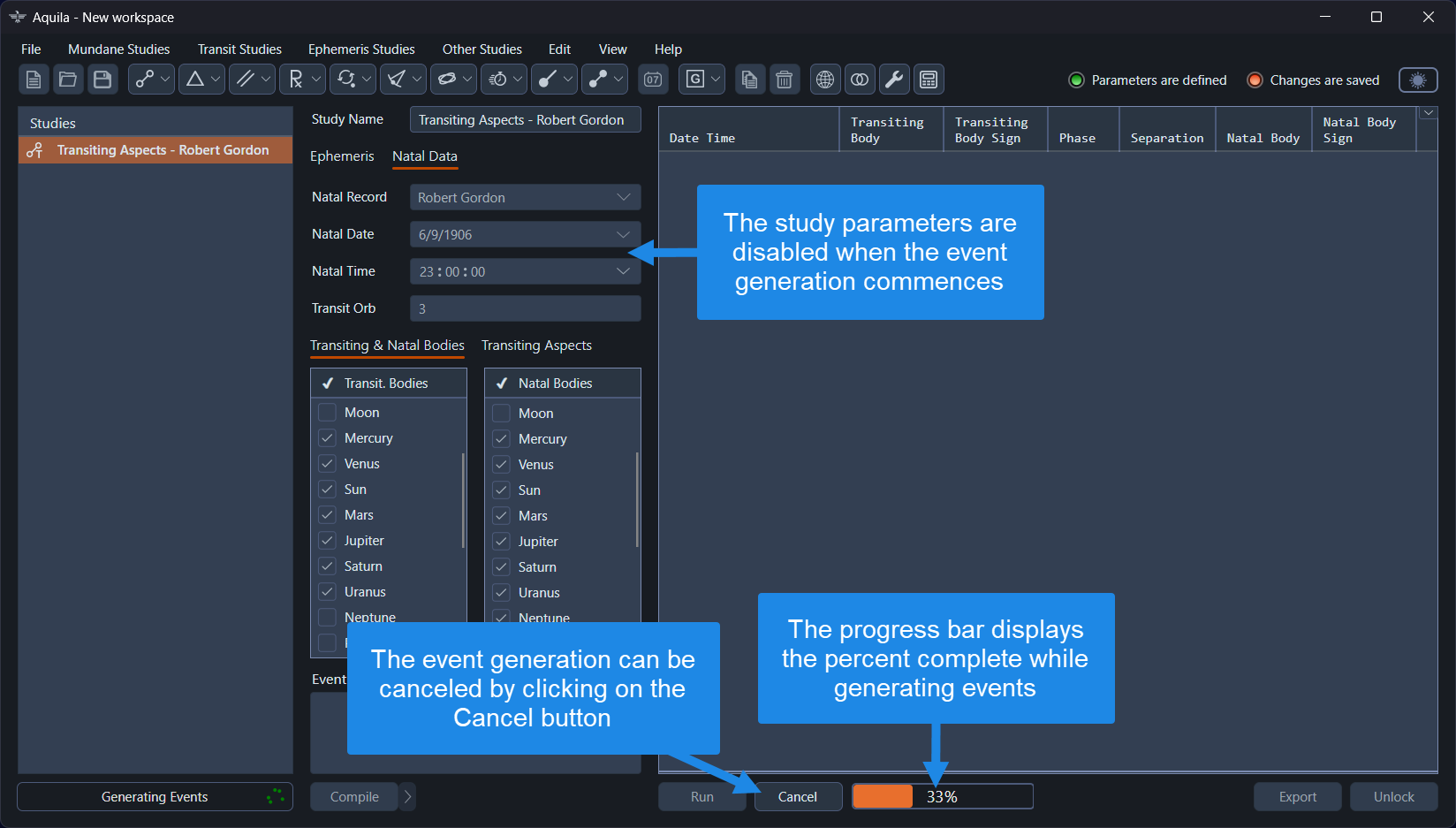 Event generation for a Transiting Aspects study