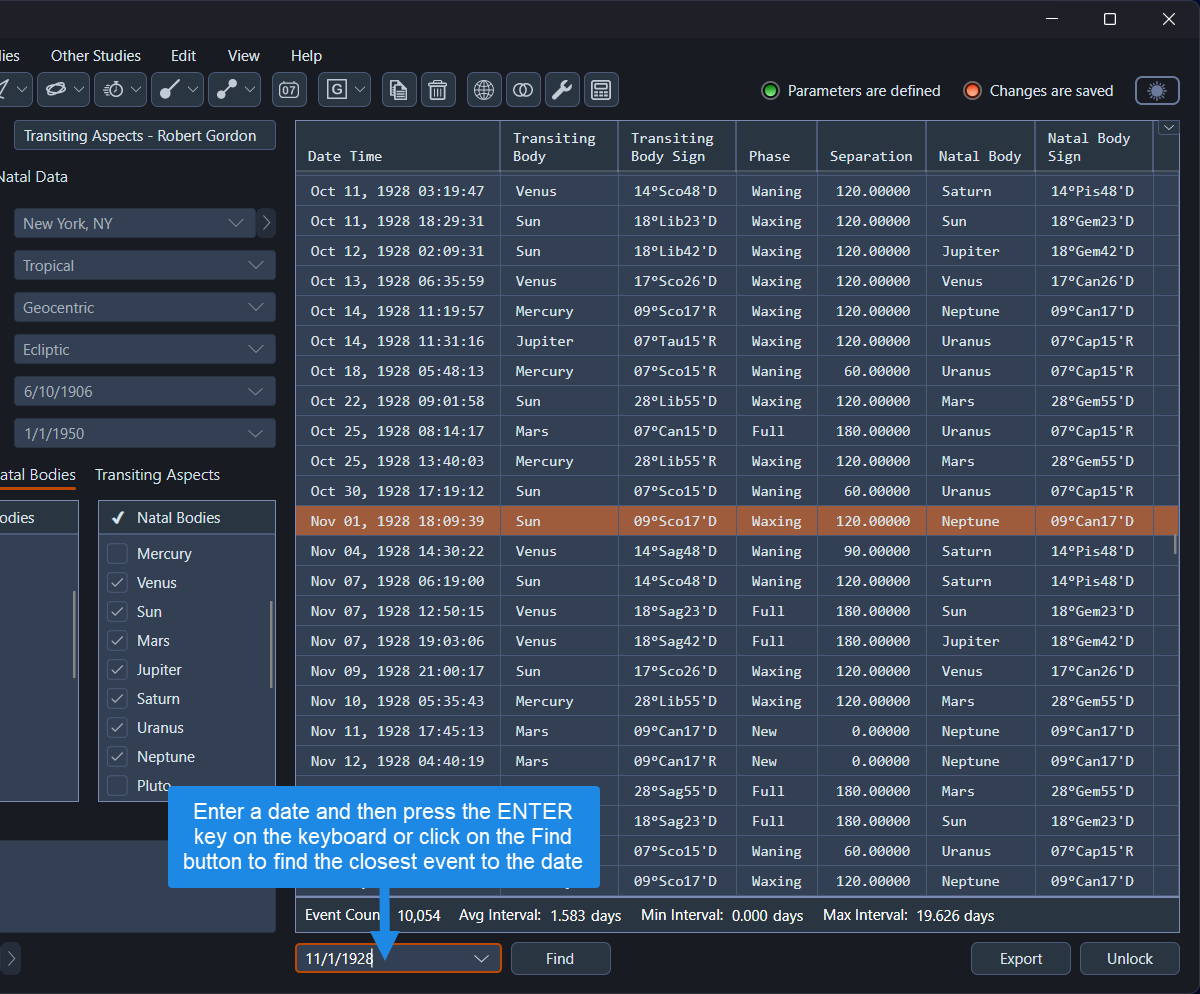 Events table listing the transiting aspects