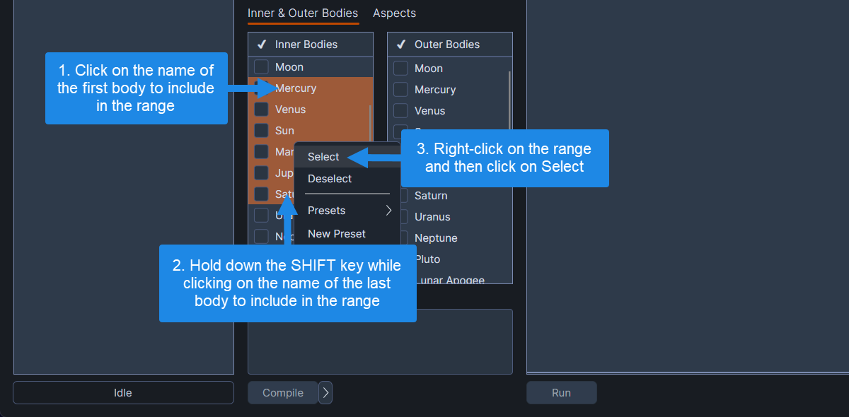 Selecting and deselecting a range of bodies
