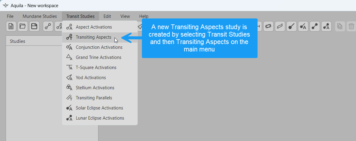 New Transiting Aspects study menu selection