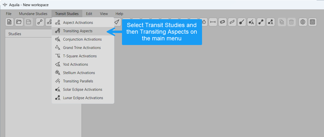 New Transiting Aspects study menu selection