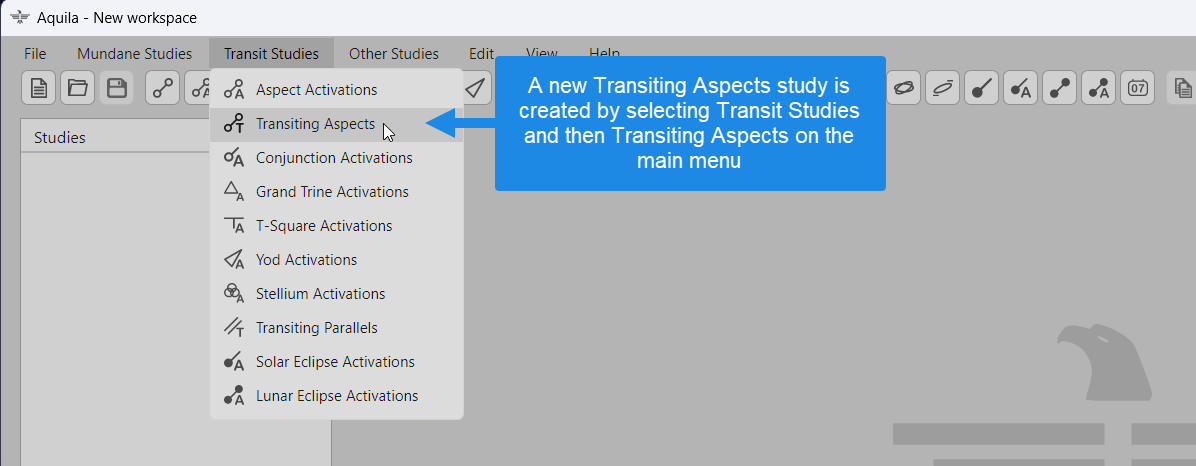 New Transiting Aspects study menu selection