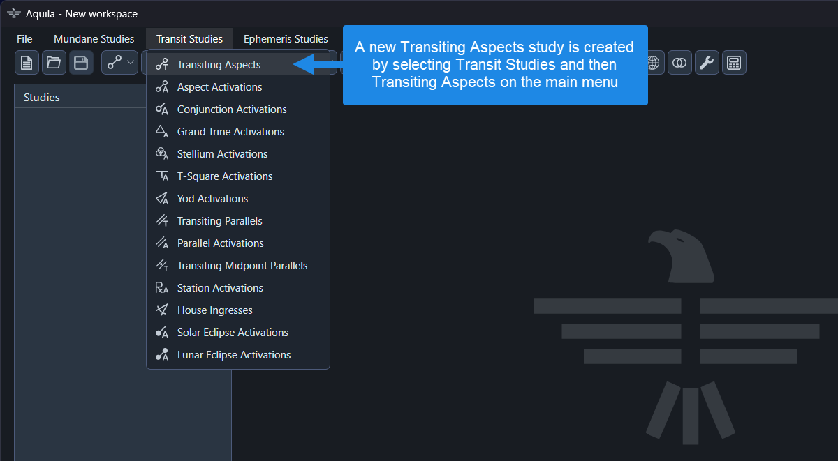 New Transiting Aspects study menu selection