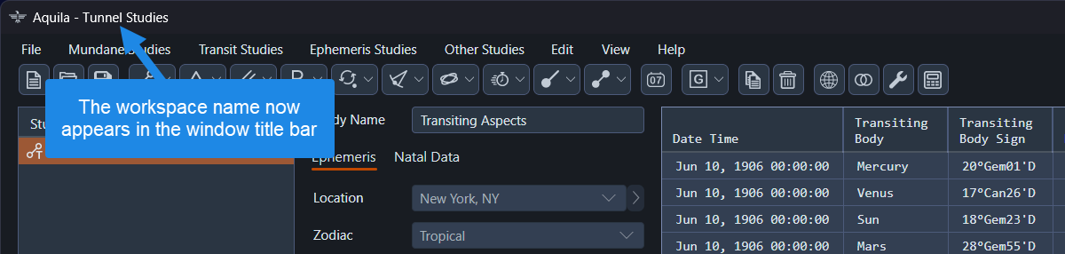 Workspace name in window title bar