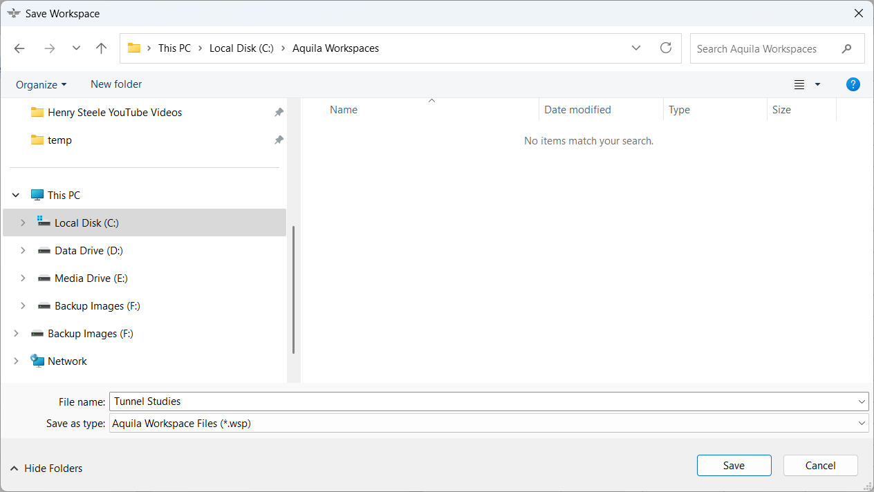Selecting the folder location and name for the workspace
