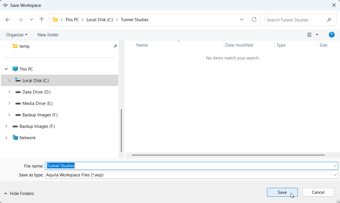 Selecting the folder location and name for the workspace