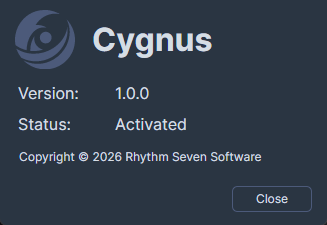 About Dialog showing Cygnus version number and activation status