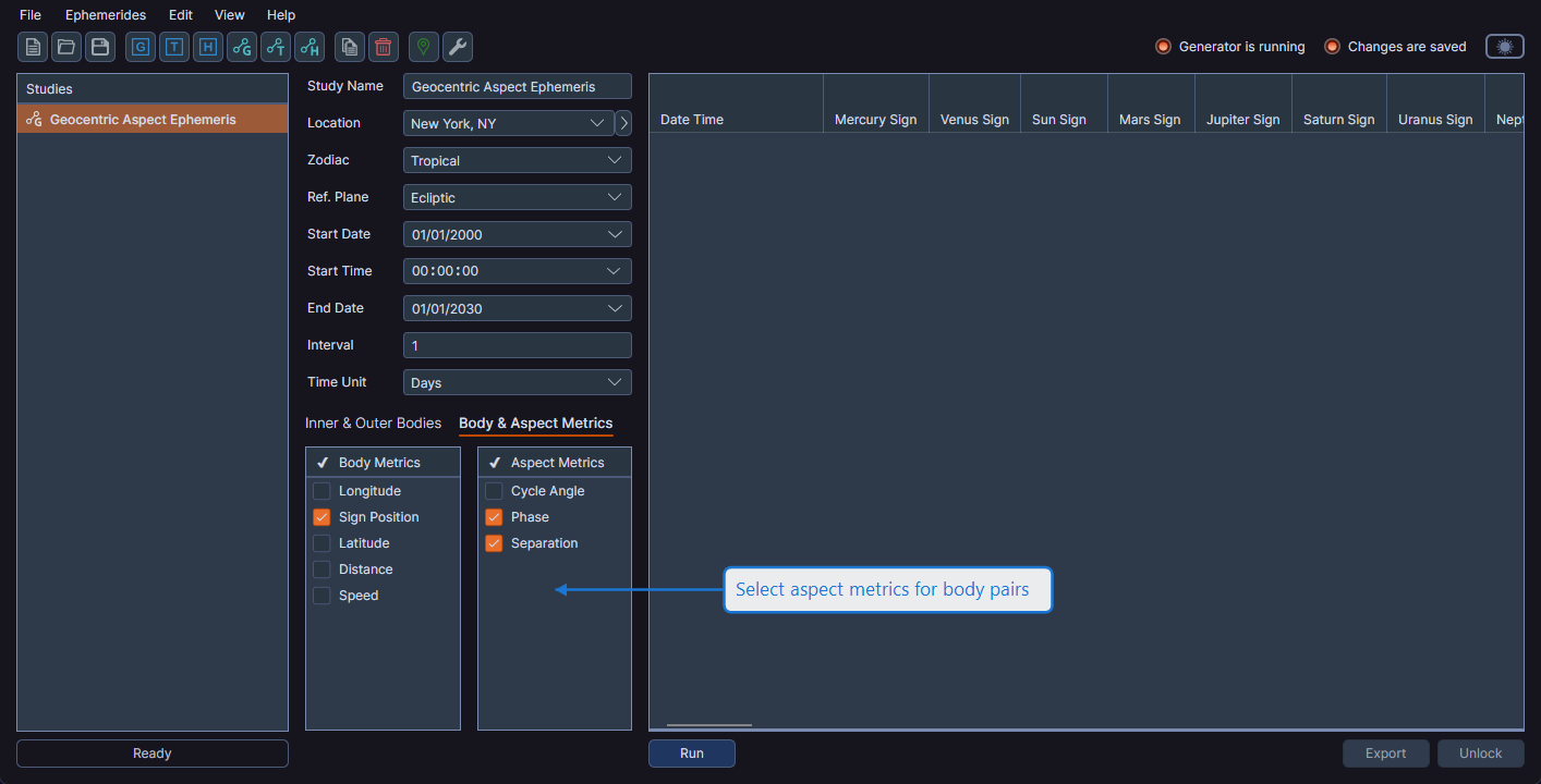 Aspect Metrics list showing available metrics for body pairs