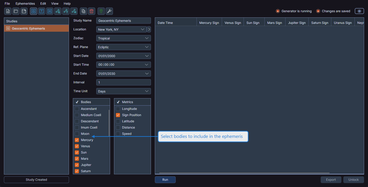 Bodies list showing celestial bodies with checkboxes for selection