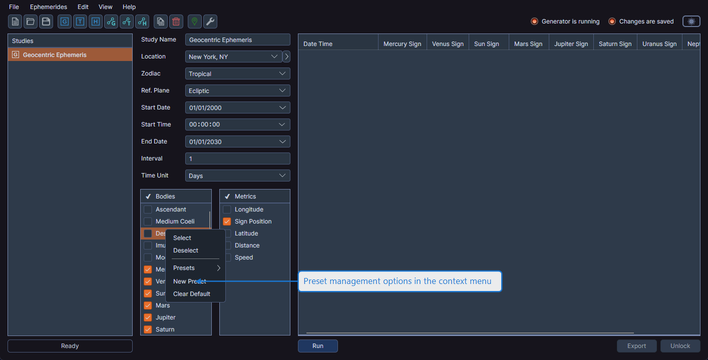 Bodies list context menu showing preset management options
