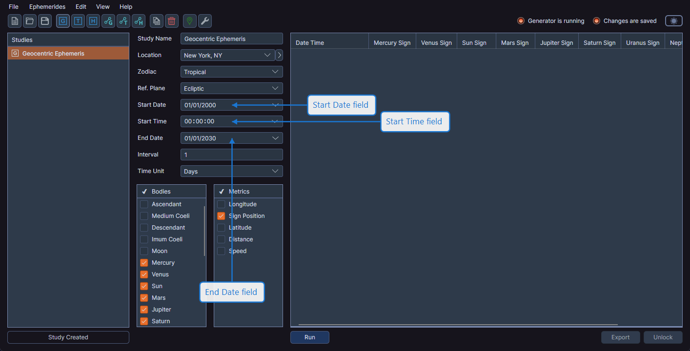 Date range configuration showing Start Date, Start Time, and End Date fields