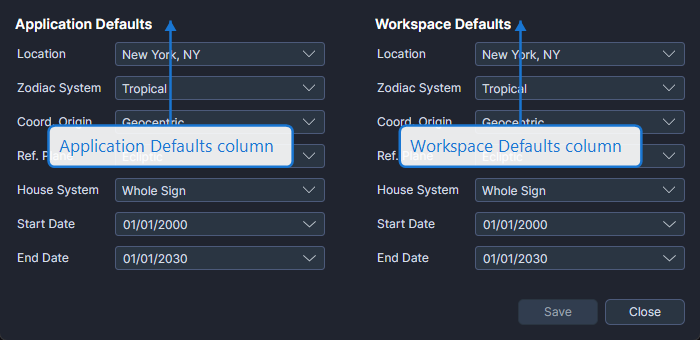Default Settings Editor showing Application Defaults and Workspace Defaults columns
