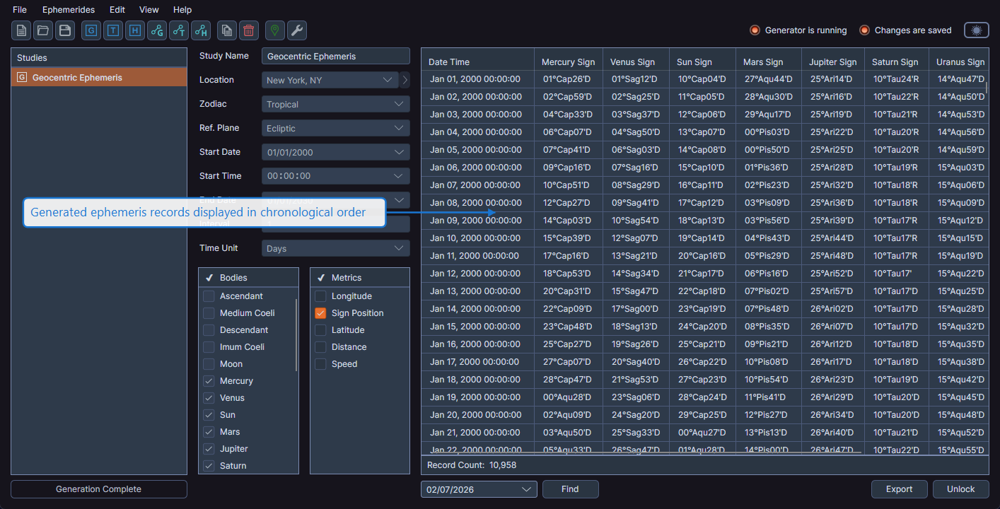 Populated ephemeris data grid showing generated records in chronological order