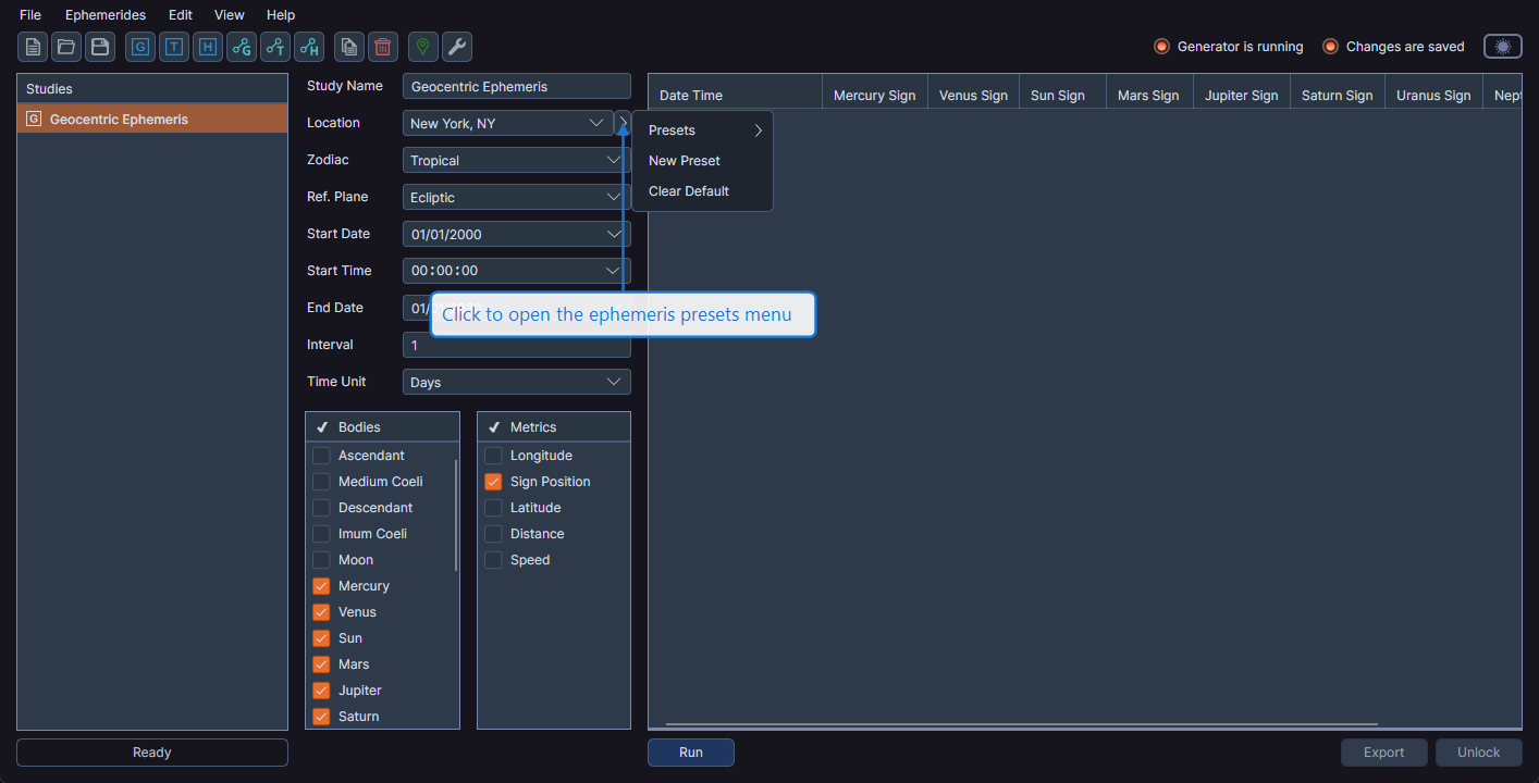 Ephemeris presets flyout menu showing preset management options