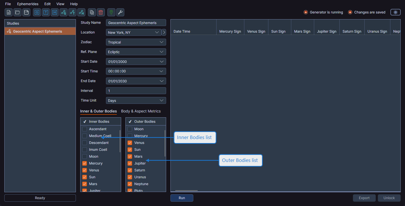 Inner and Outer Bodies tab showing the two body selection lists