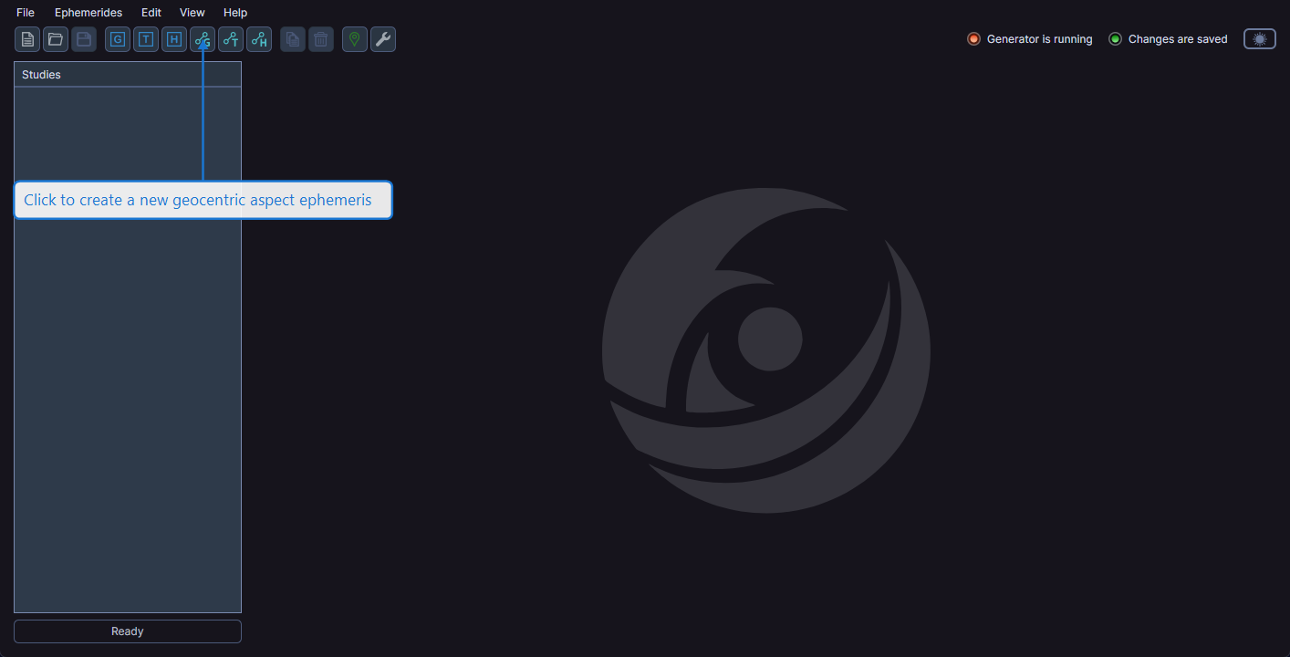 Main toolbar with the Geocentric Aspect Ephemeris button highlighted