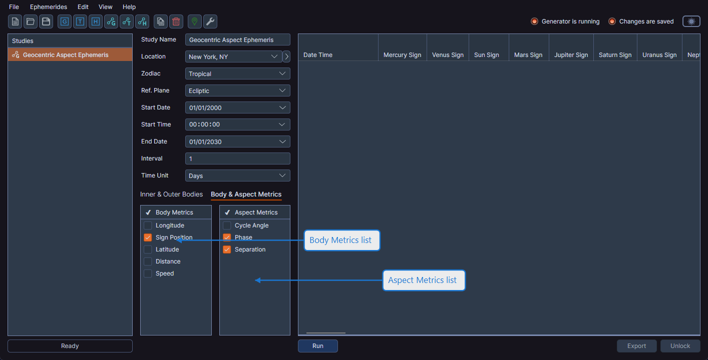 Body and Aspect Metrics tab showing body metrics and aspect metrics lists