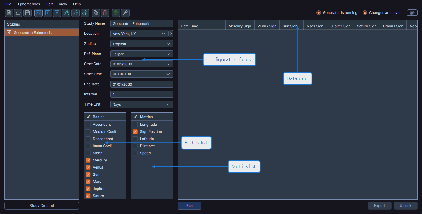 Geocentric Ephemeris study showing configuration fields, bodies list, metrics list, and data grid