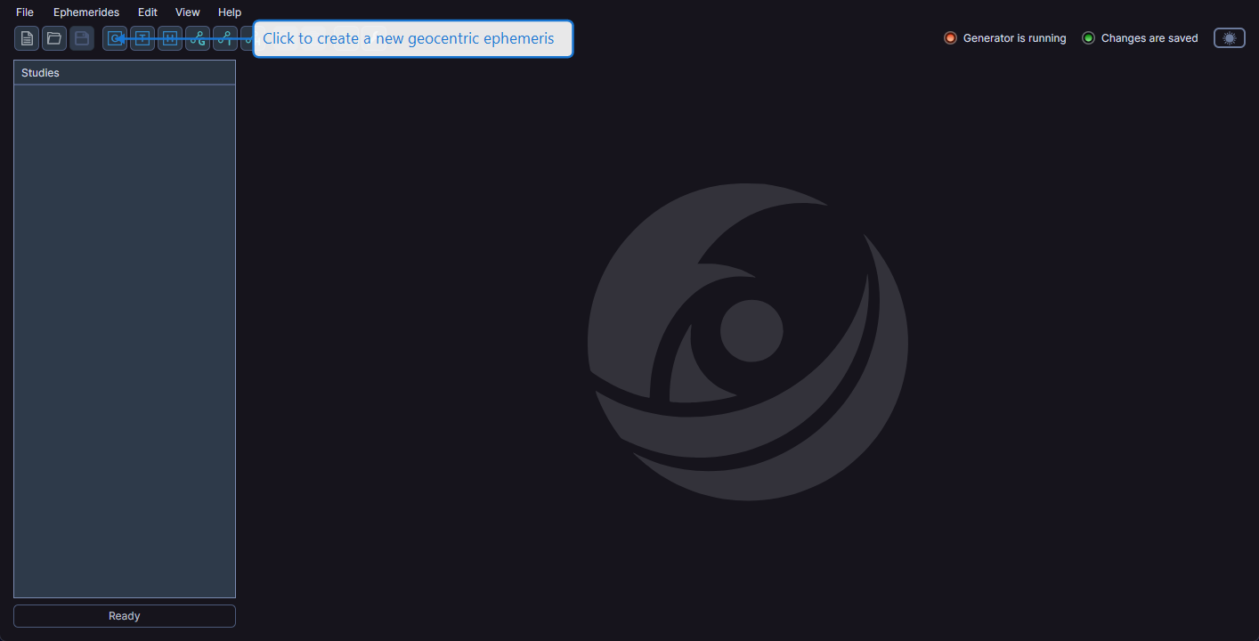 Main toolbar with the Geocentric Ephemeris button highlighted