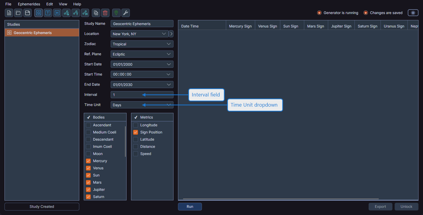 Study configuration showing the Interval field and Time Unit dropdown