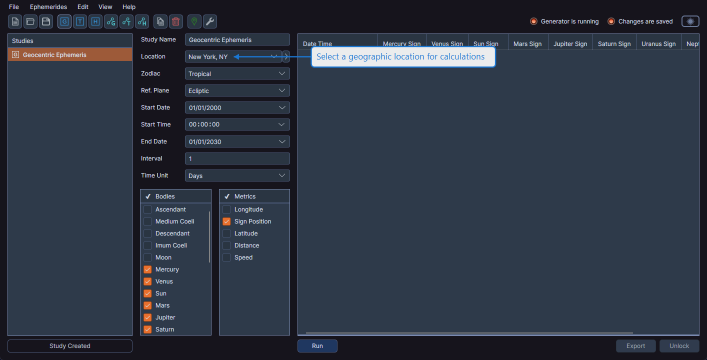 Location dropdown for selecting a geographic location for calculations