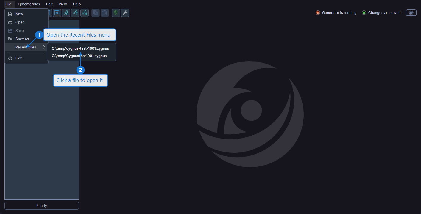 File menu with Recent Files submenu showing recent workspace paths