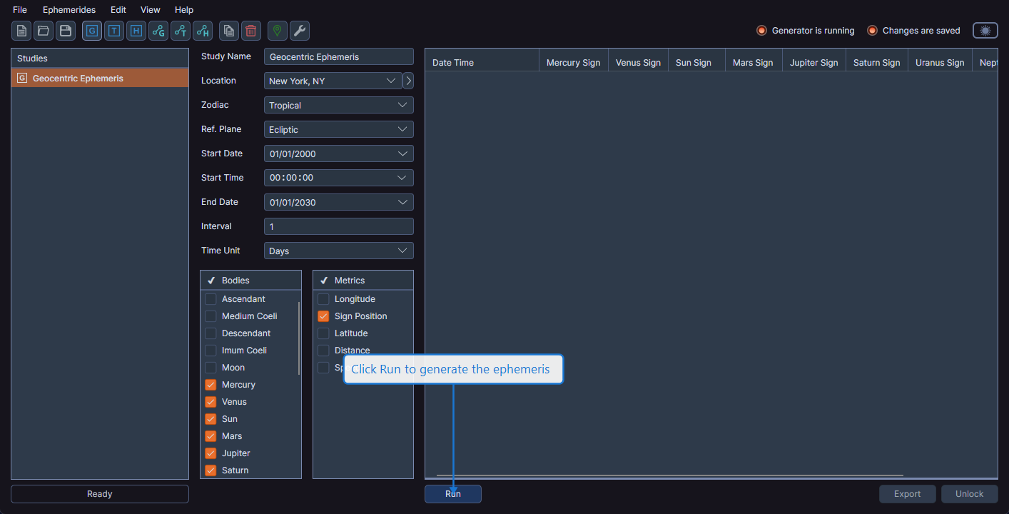 Run button ready to generate the ephemeris