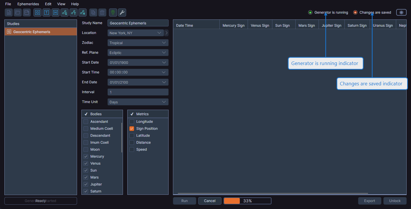 Toolbar status indicators showing generator running and changes saved states