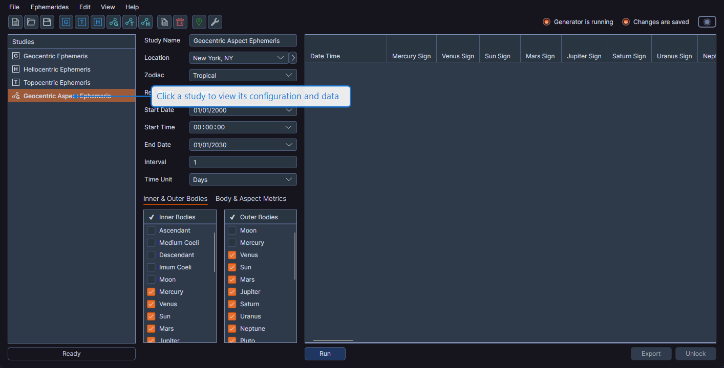 Studies list showing multiple study types with the selected study highlighted