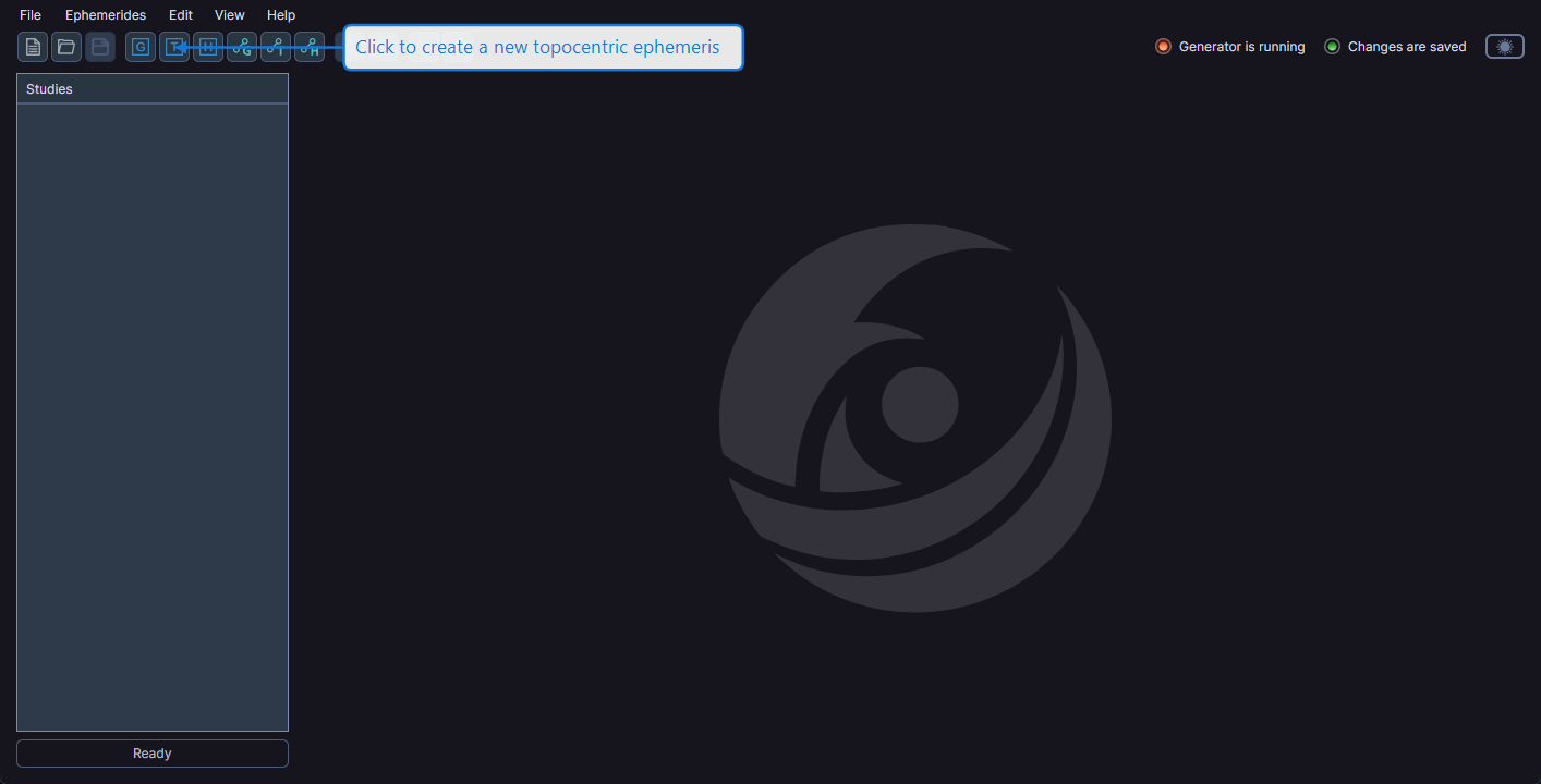 Main toolbar with the Topocentric Ephemeris button highlighted