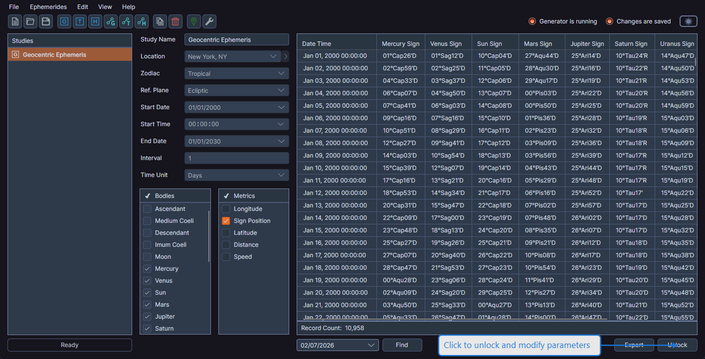 Unlock button in the study view action bar for modifying parameters