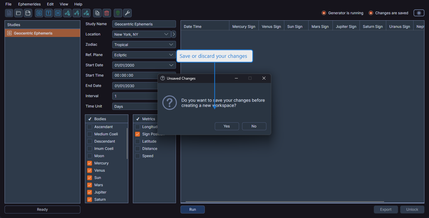 Unsaved Changes dialog prompting to save, discard, or cancel