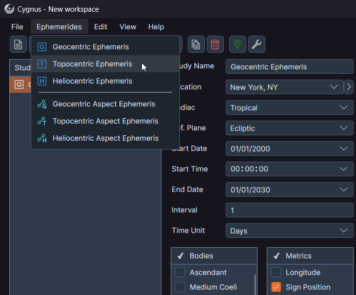 Cygnus Ephemerides Menu